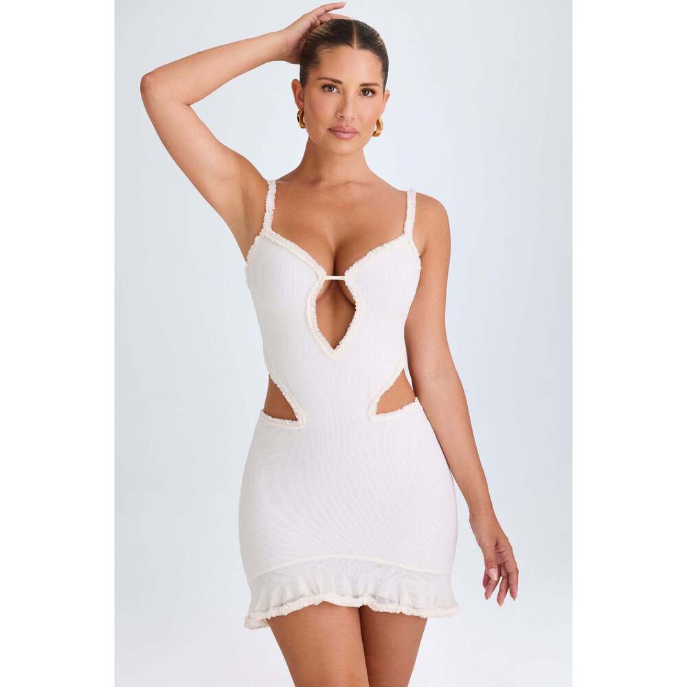 Oh Polly Ruffle-Appliqué Cut-Out Mini Dress in White Size MM